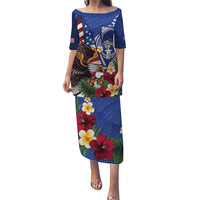 United States and Northern Mariana Islands Puletasi USA Flag Eagle CNMI Latte Stone Tropical Flowers LT14 Long Dress Blue - Polynesian Pride