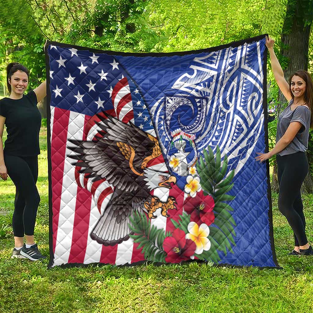 United States and Northern Mariana Islands Quilt USA Flag Eagle CNMI Latte Stone Tropical Flowers LT14 - Polynesian Pride