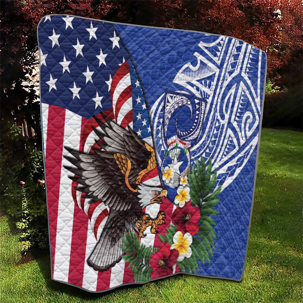 United States and Northern Mariana Islands Quilt USA Flag Eagle CNMI Latte Stone Tropical Flowers LT14 - Polynesian Pride