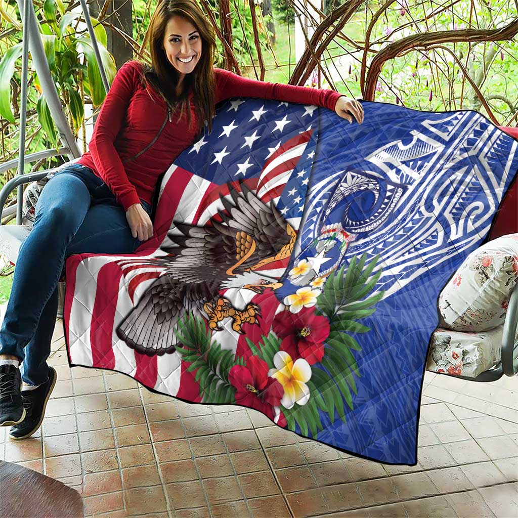United States and Northern Mariana Islands Quilt USA Flag Eagle CNMI Latte Stone Tropical Flowers LT14 - Polynesian Pride