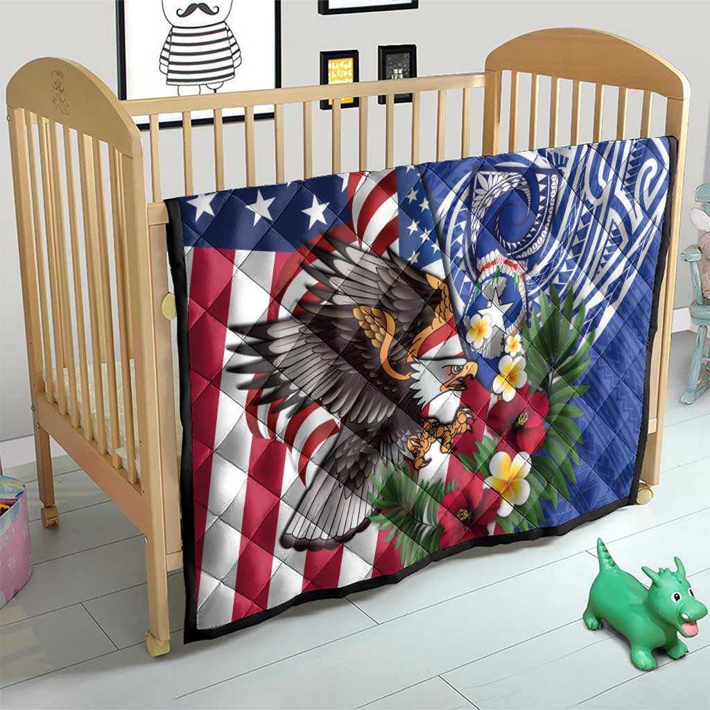 United States and Northern Mariana Islands Quilt USA Flag Eagle CNMI Latte Stone Tropical Flowers LT14 - Polynesian Pride
