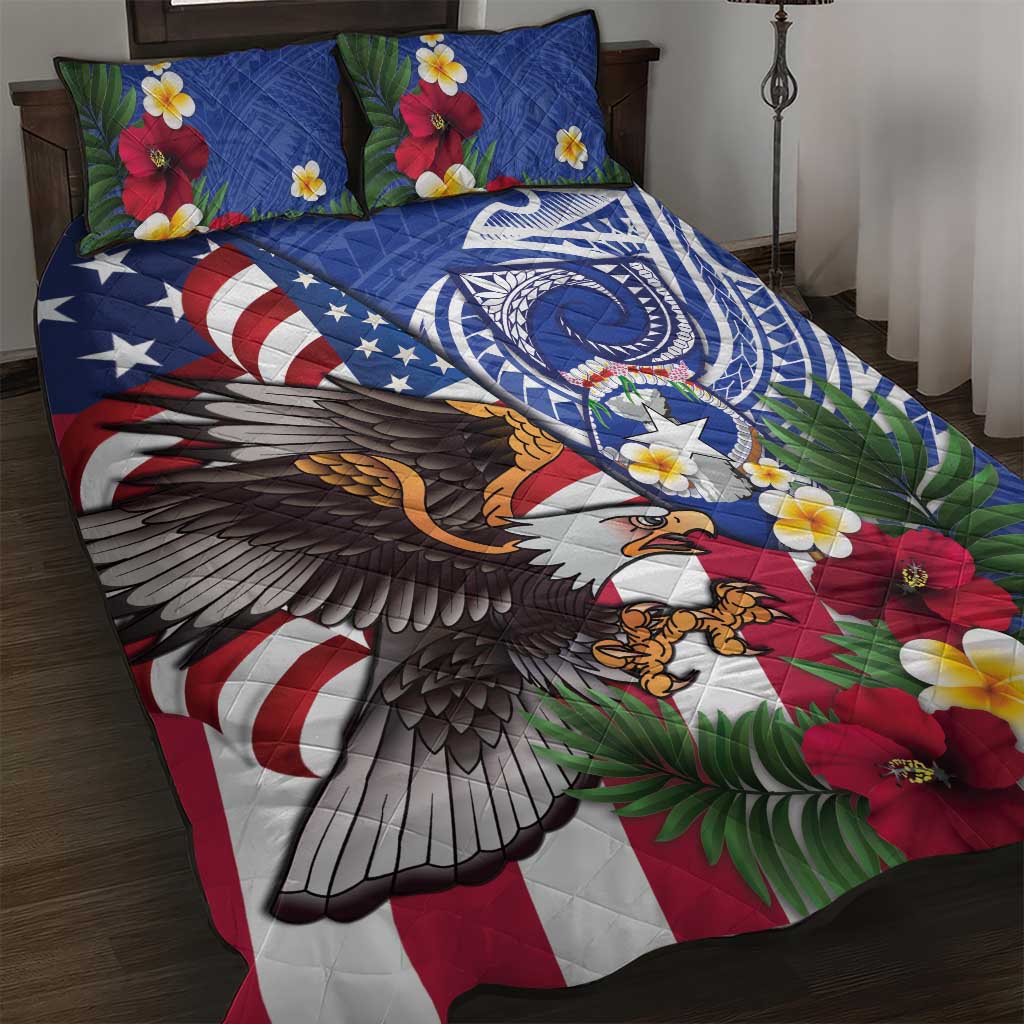 United States and Northern Mariana Islands Quilt Bed Set USA Flag Eagle CNMI Latte Stone Tropical Flowers LT14 Blue - Polynesian Pride