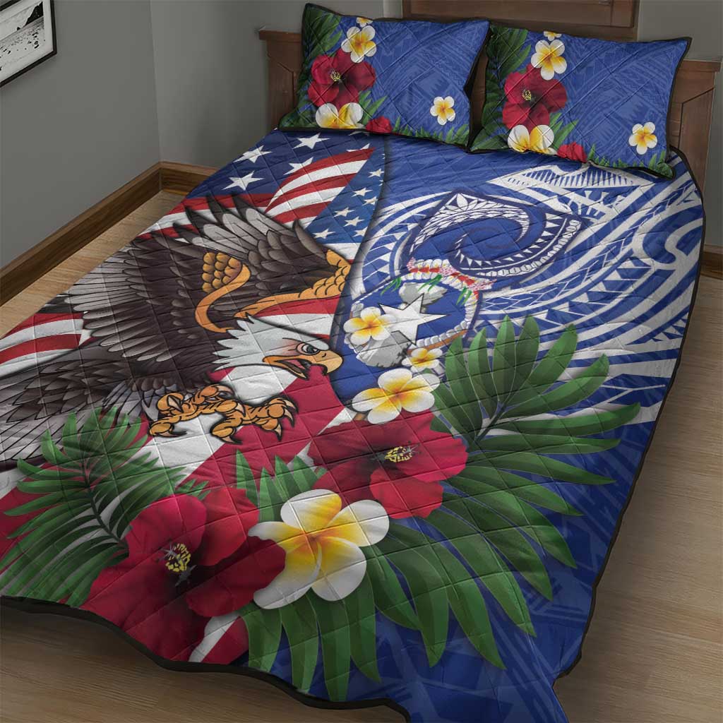 United States and Northern Mariana Islands Quilt Bed Set USA Flag Eagle CNMI Latte Stone Tropical Flowers LT14 - Polynesian Pride