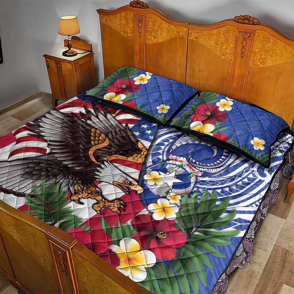 United States and Northern Mariana Islands Quilt Bed Set USA Flag Eagle CNMI Latte Stone Tropical Flowers LT14 - Polynesian Pride