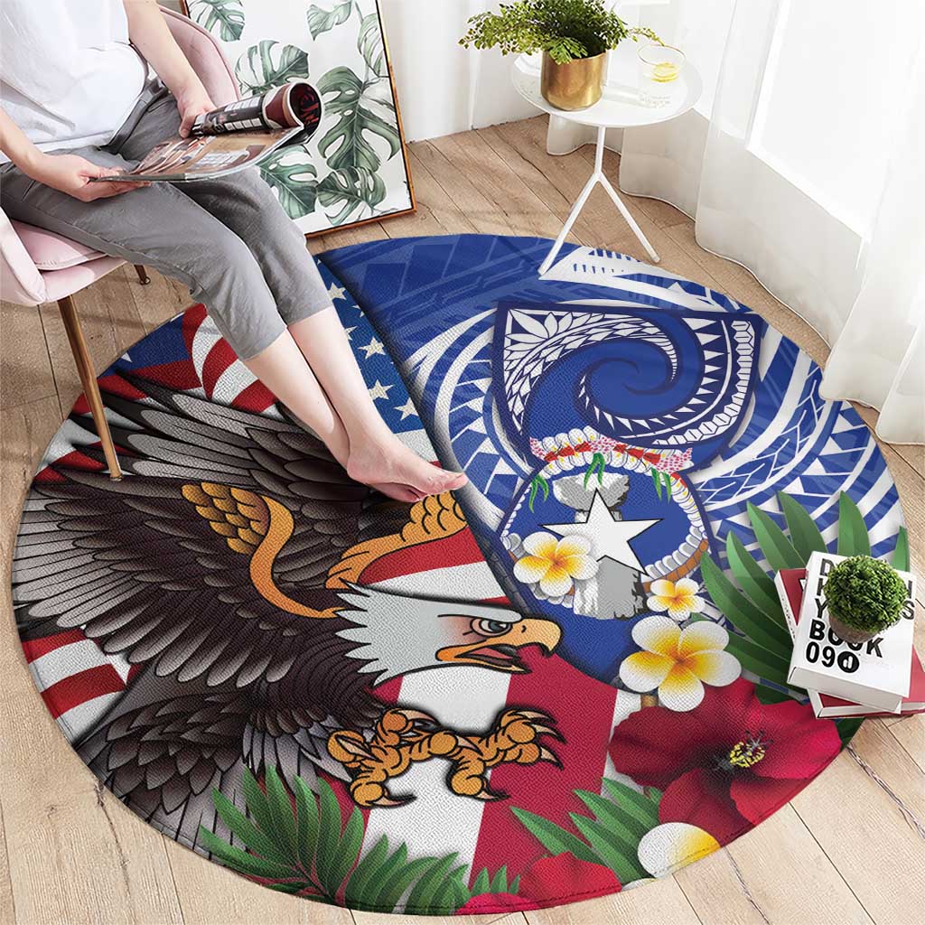 United States and Northern Mariana Islands Round Carpet USA Flag Eagle CNMI Latte Stone Tropical Flowers LT14 - Polynesian Pride