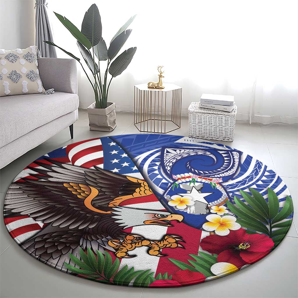 United States and Northern Mariana Islands Round Carpet USA Flag Eagle CNMI Latte Stone Tropical Flowers LT14 - Polynesian Pride