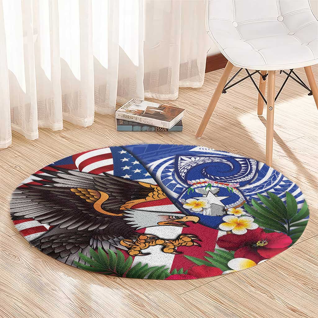 United States and Northern Mariana Islands Round Carpet USA Flag Eagle CNMI Latte Stone Tropical Flowers LT14 - Polynesian Pride