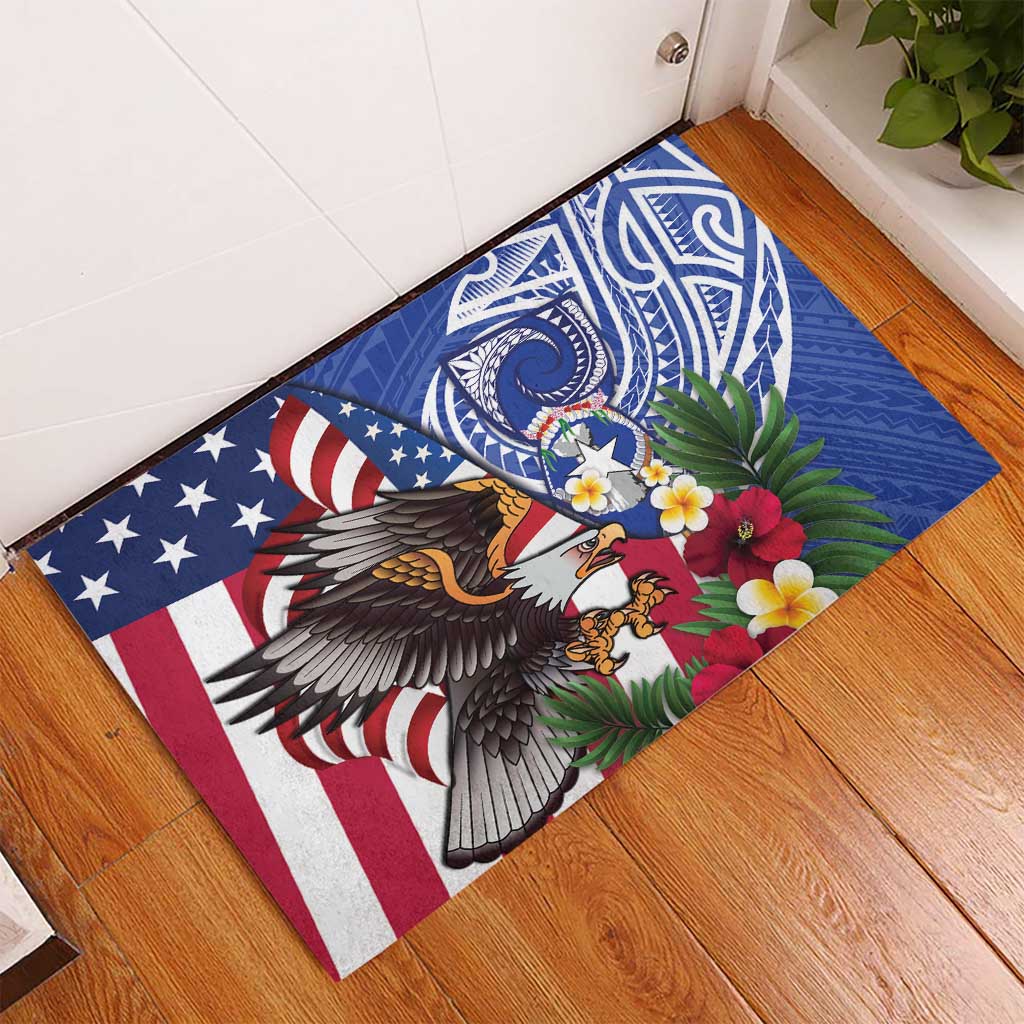 United States and Northern Mariana Islands Rubber Doormat USA Flag Eagle CNMI Latte Stone Tropical Flowers LT14 - Polynesian Pride