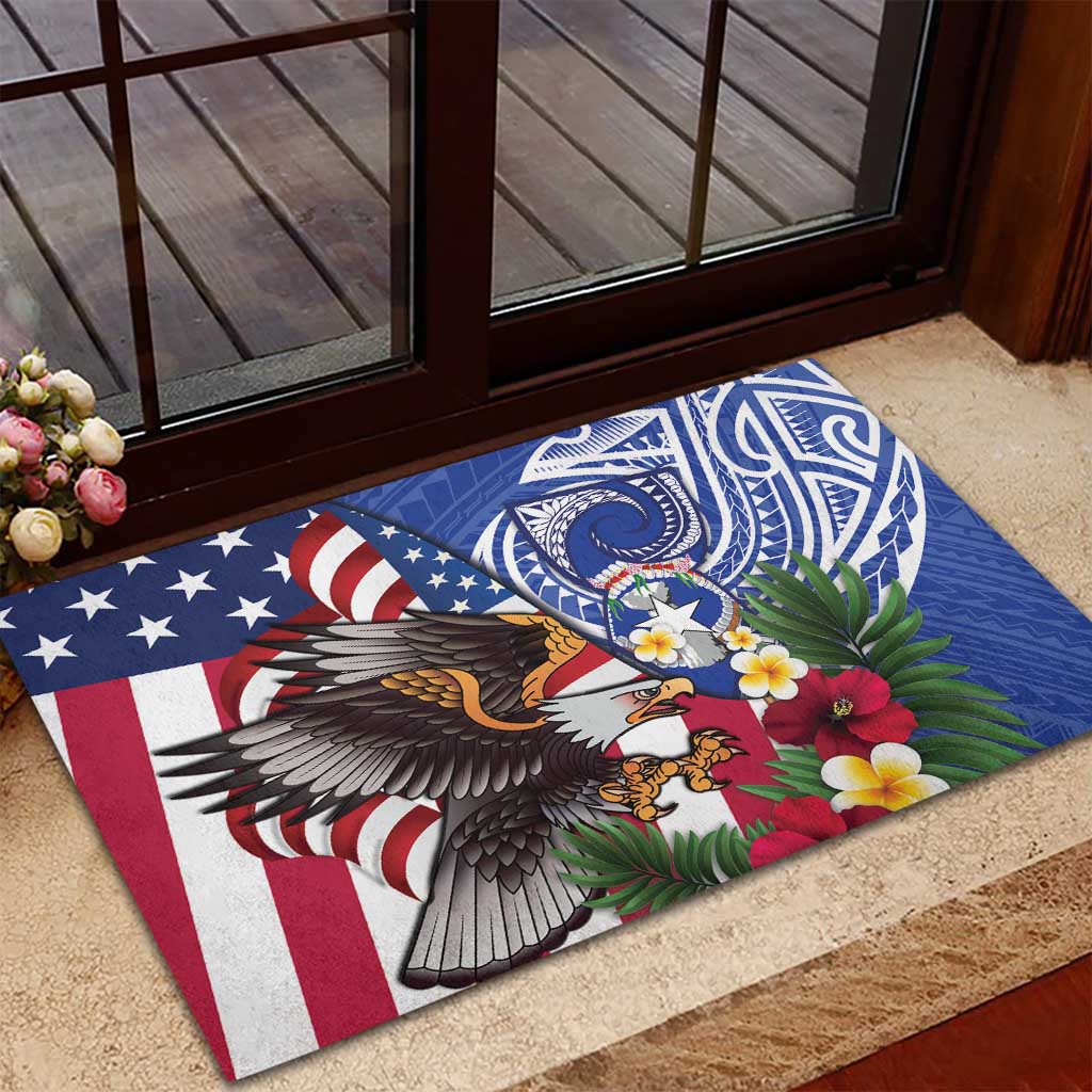 United States and Northern Mariana Islands Rubber Doormat USA Flag Eagle CNMI Latte Stone Tropical Flowers LT14 - Polynesian Pride