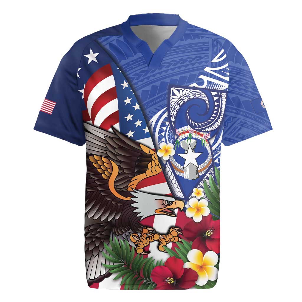United States and Northern Mariana Islands Rugby Jersey USA Flag Eagle CNMI Latte Stone Tropical Flowers LT14 Blue - Polynesian Pride
