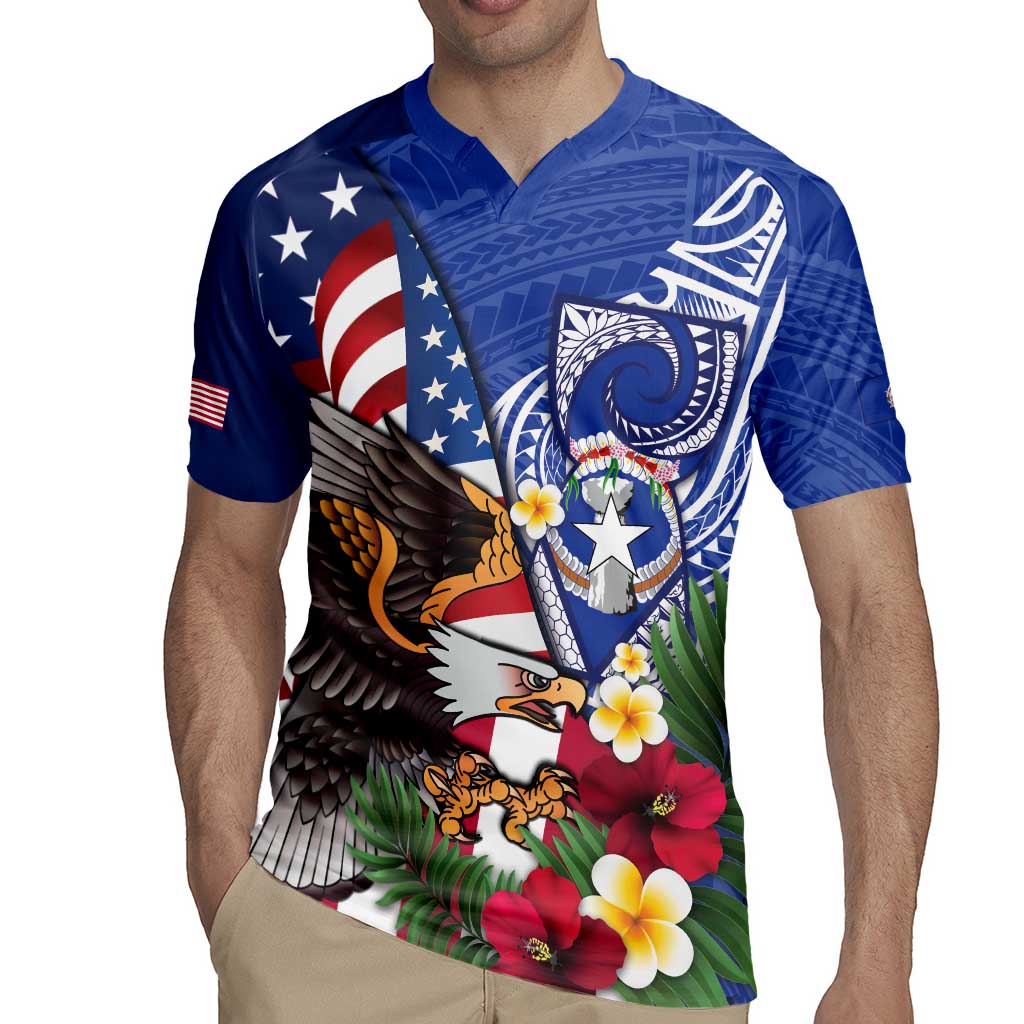 United States and Northern Mariana Islands Rugby Jersey USA Flag Eagle CNMI Latte Stone Tropical Flowers LT14 - Polynesian Pride