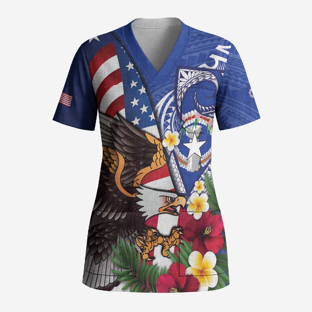 United States and Northern Mariana Islands Scrub Top USA Flag Eagle CNMI Latte Stone Tropical Flowers