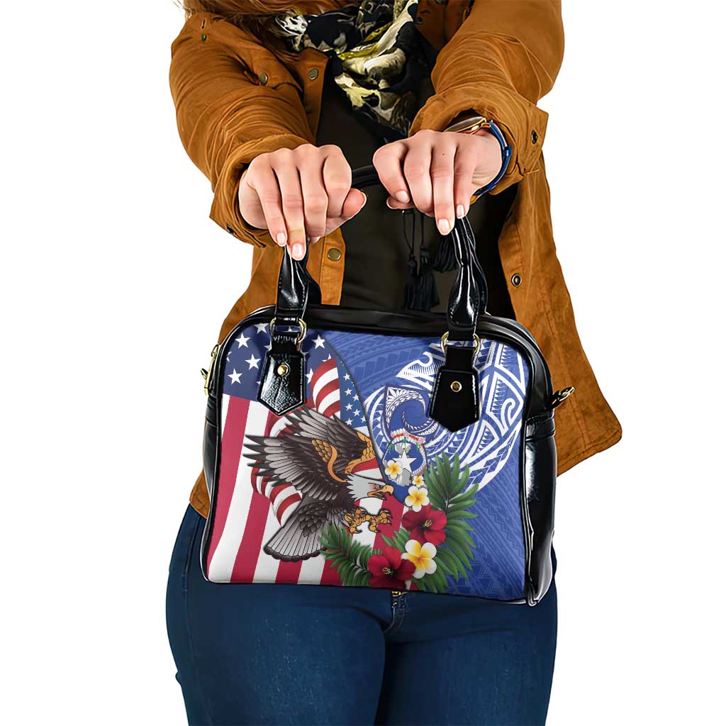 United States and Northern Mariana Islands Shoulder Handbag USA Flag Eagle CNMI Latte Stone Tropical Flowers LT14 One Size Blue - Polynesian Pride