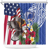 United States and Northern Mariana Islands Shower Curtain USA Flag Eagle CNMI Latte Stone Tropical Flowers LT14 Blue - Polynesian Pride