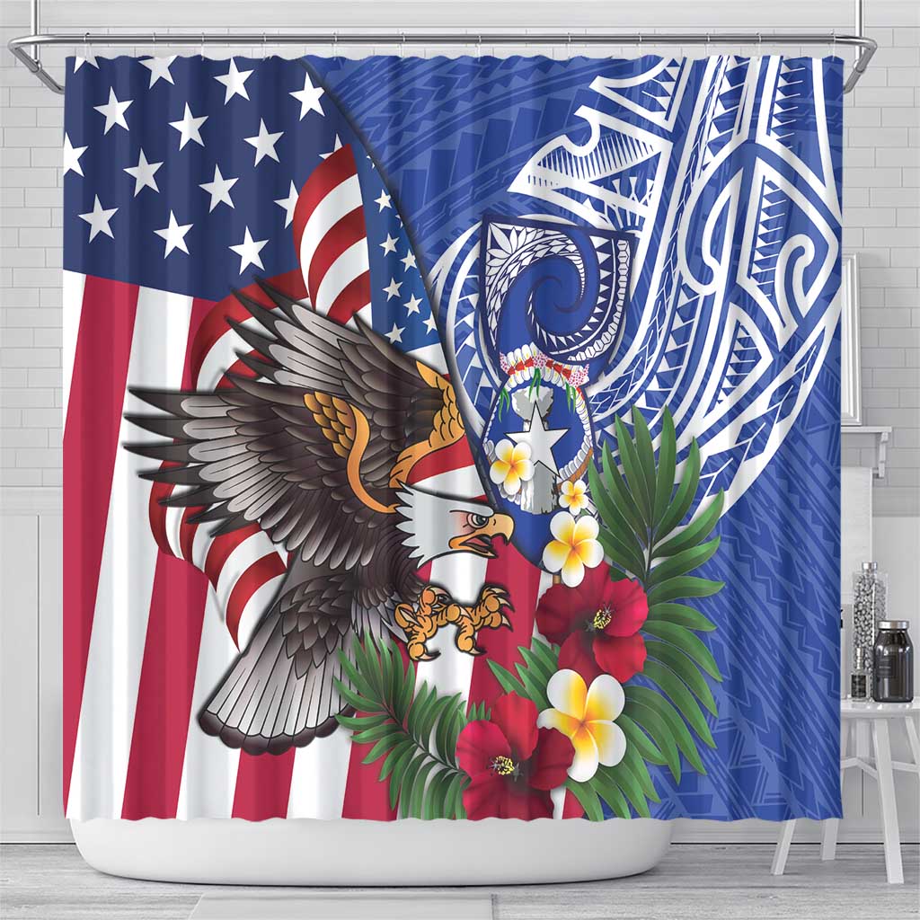 United States and Northern Mariana Islands Shower Curtain USA Flag Eagle CNMI Latte Stone Tropical Flowers LT14 - Polynesian Pride