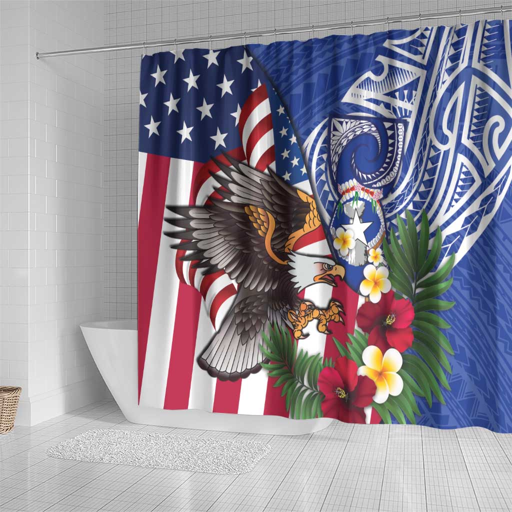 United States and Northern Mariana Islands Shower Curtain USA Flag Eagle CNMI Latte Stone Tropical Flowers LT14 - Polynesian Pride