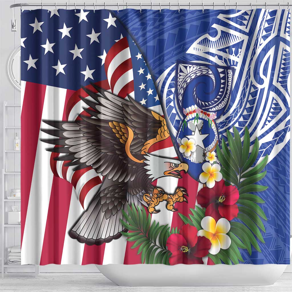 United States and Northern Mariana Islands Shower Curtain USA Flag Eagle CNMI Latte Stone Tropical Flowers LT14 - Polynesian Pride