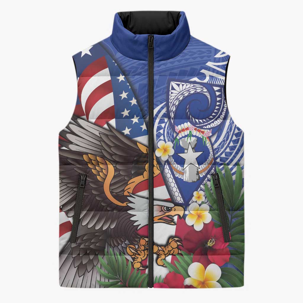 United States and Northern Mariana Islands Sleeveless Puffer Jacket USA Flag Eagle CNMI Latte Stone Tropical Flowers LT14 Unisex Blue - Polynesian Pride