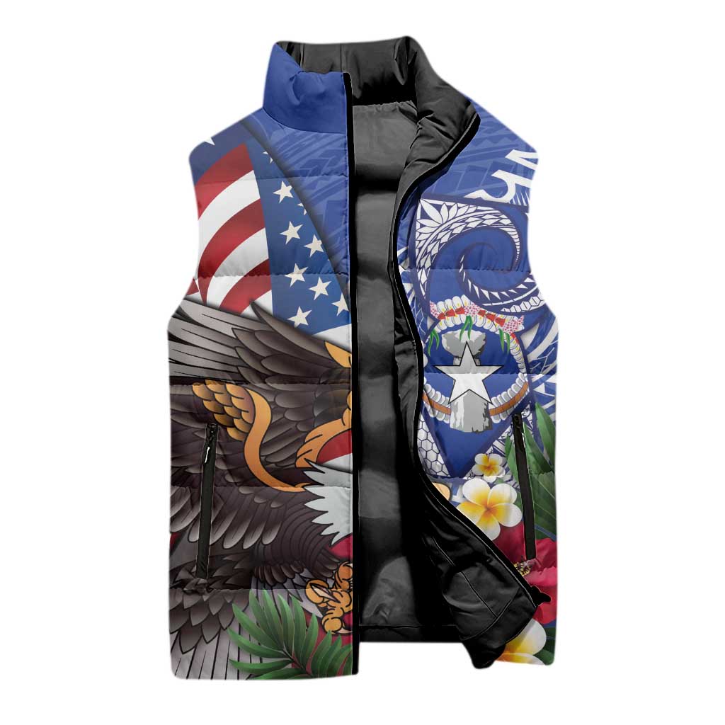 United States and Northern Mariana Islands Sleeveless Puffer Jacket USA Flag Eagle CNMI Latte Stone Tropical Flowers LT14 - Polynesian Pride