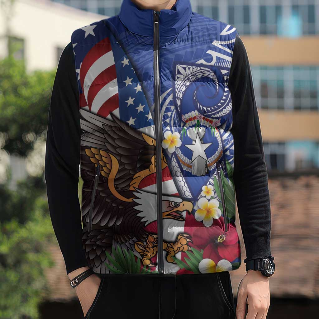 United States and Northern Mariana Islands Sleeveless Puffer Jacket USA Flag Eagle CNMI Latte Stone Tropical Flowers LT14 - Polynesian Pride