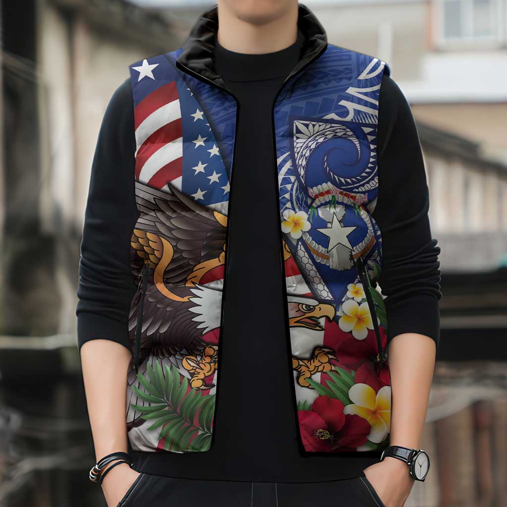United States and Northern Mariana Islands Sleeveless Puffer Jacket USA Flag Eagle CNMI Latte Stone Tropical Flowers LT14 - Polynesian Pride