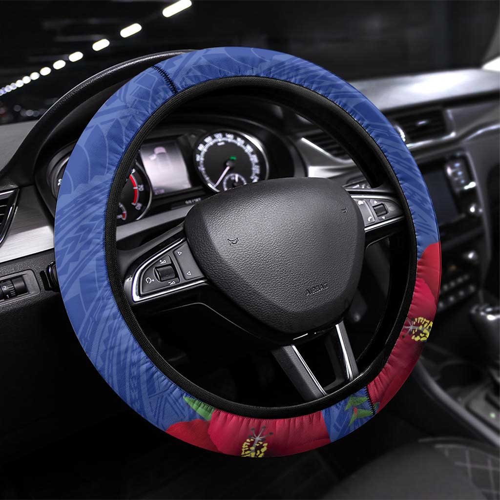 United States and Northern Mariana Islands Steering Wheel Cover USA Flag Eagle CNMI Latte Stone Tropical Flowers LT14 Universal Fit Blue - Polynesian Pride
