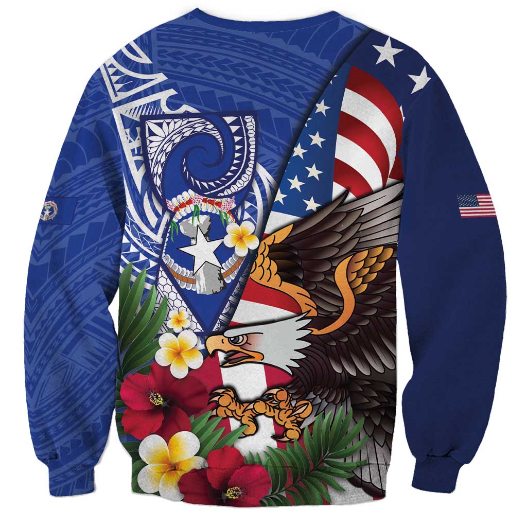United States and Northern Mariana Islands Sweatshirt USA Flag Eagle CNMI Latte Stone Tropical Flowers LT14 - Polynesian Pride