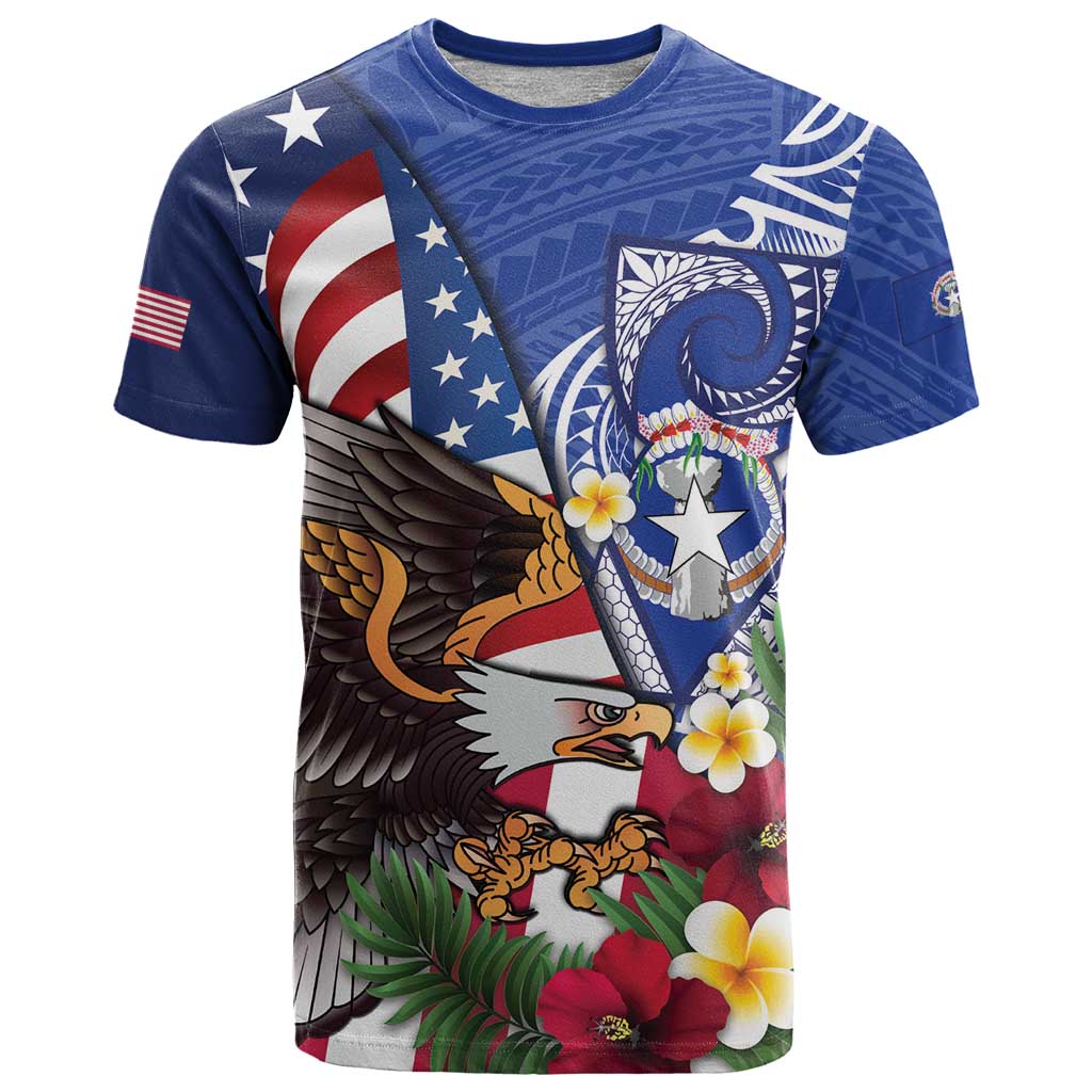 United States and Northern Mariana Islands T Shirt USA Flag Eagle CNMI Latte Stone Tropical Flowers LT14 Blue - Polynesian Pride