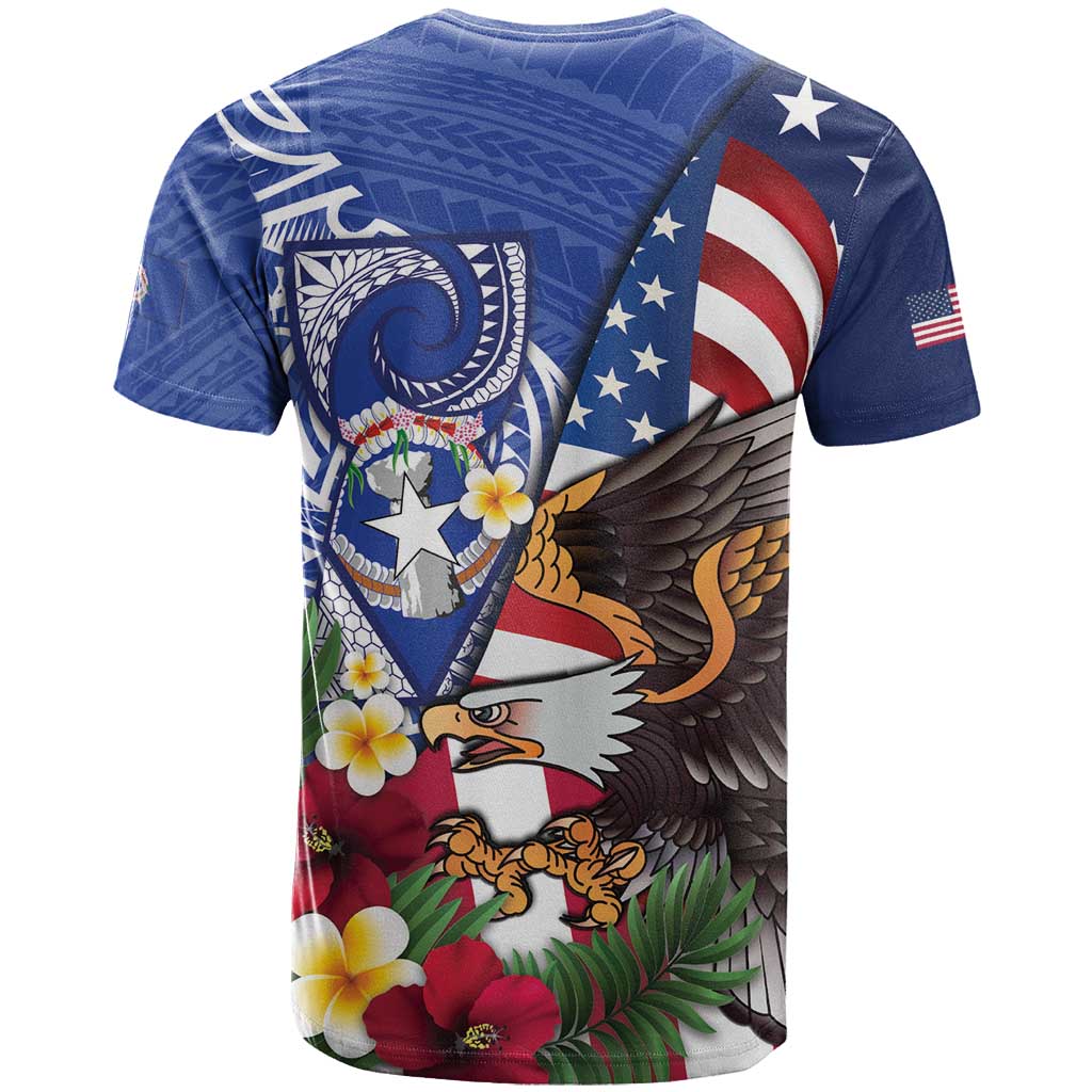 United States and Northern Mariana Islands T Shirt USA Flag Eagle CNMI Latte Stone Tropical Flowers LT14 - Polynesian Pride