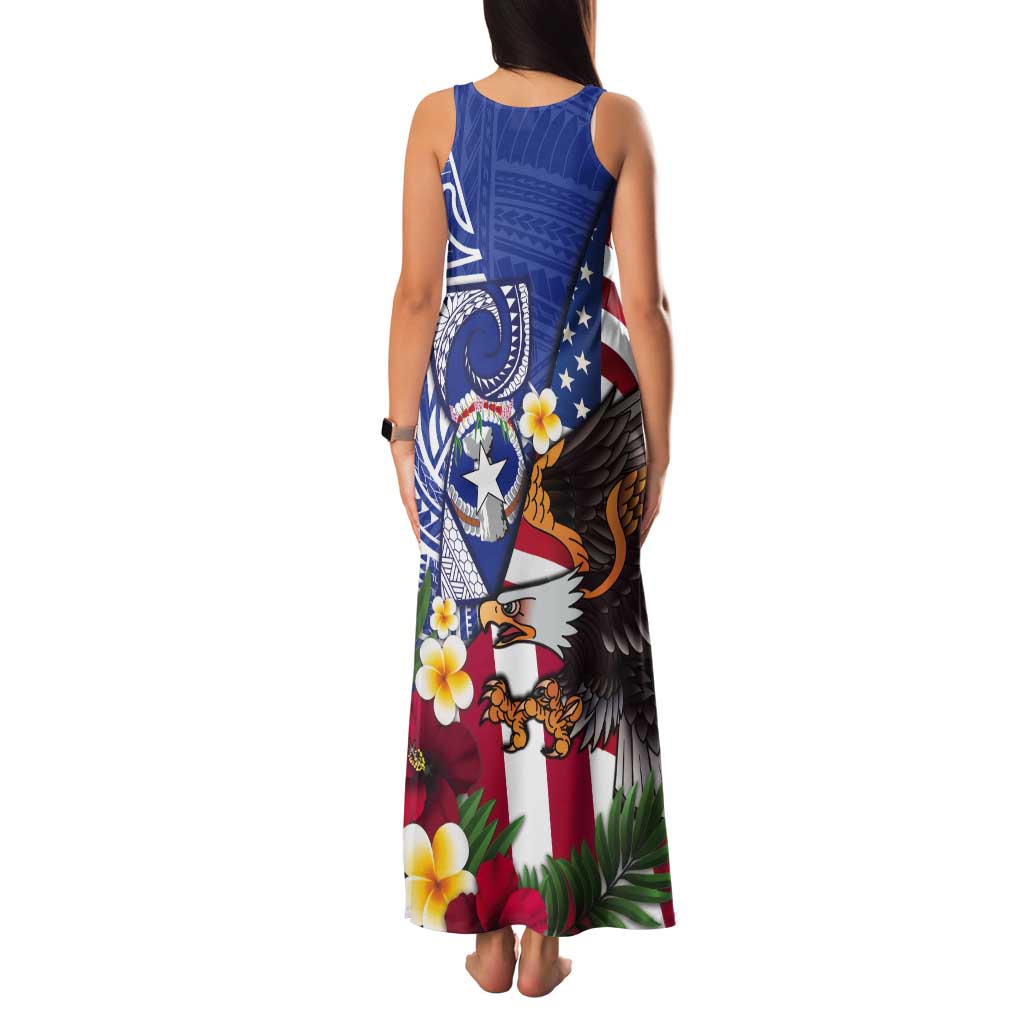 United States and Northern Mariana Islands Tank Maxi Dress USA Flag Eagle CNMI Latte Stone Tropical Flowers LT14 - Polynesian Pride