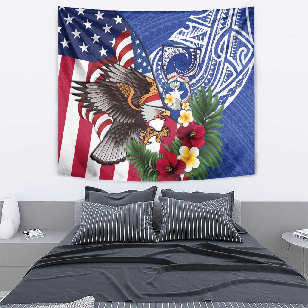 United States and Northern Mariana Islands Tapestry USA Flag Eagle CNMI Latte Stone Tropical Flowers