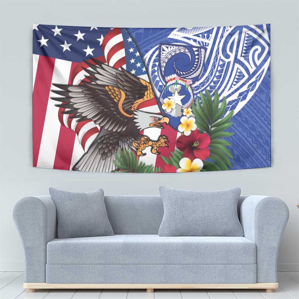 United States and Northern Mariana Islands Tapestry USA Flag Eagle CNMI Latte Stone Tropical Flowers