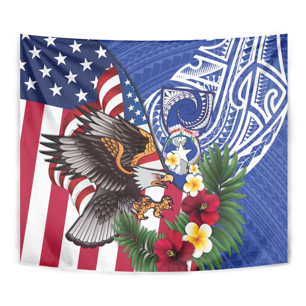 United States and Northern Mariana Islands Tapestry USA Flag Eagle CNMI Latte Stone Tropical Flowers