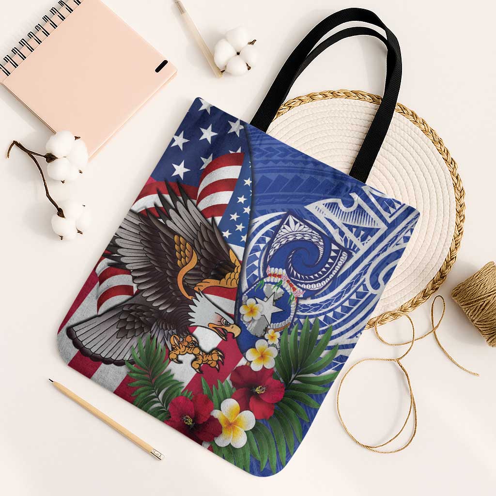 United States and Northern Mariana Islands Tote Bag USA Flag Eagle CNMI Latte Stone Tropical Flowers