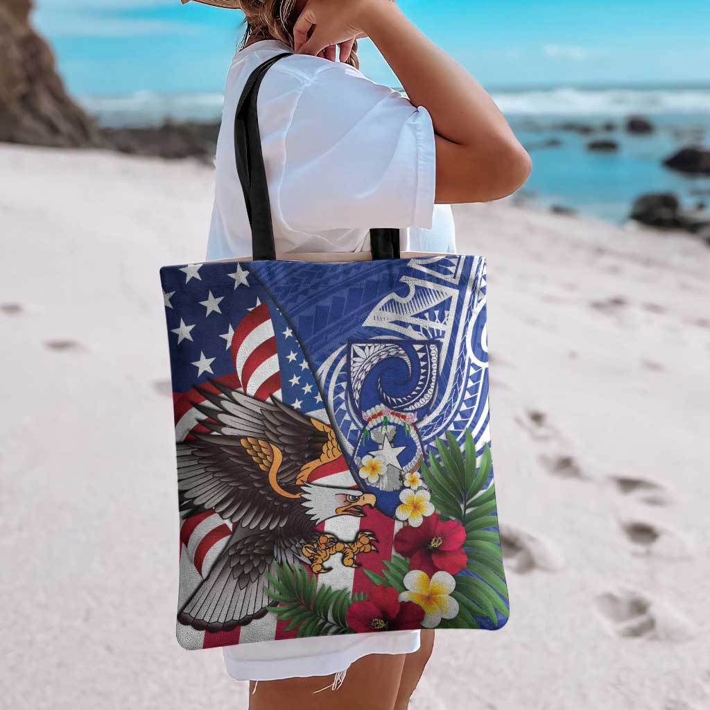 United States and Northern Mariana Islands Tote Bag USA Flag Eagle CNMI Latte Stone Tropical Flowers LT14 - Polynesian Pride
