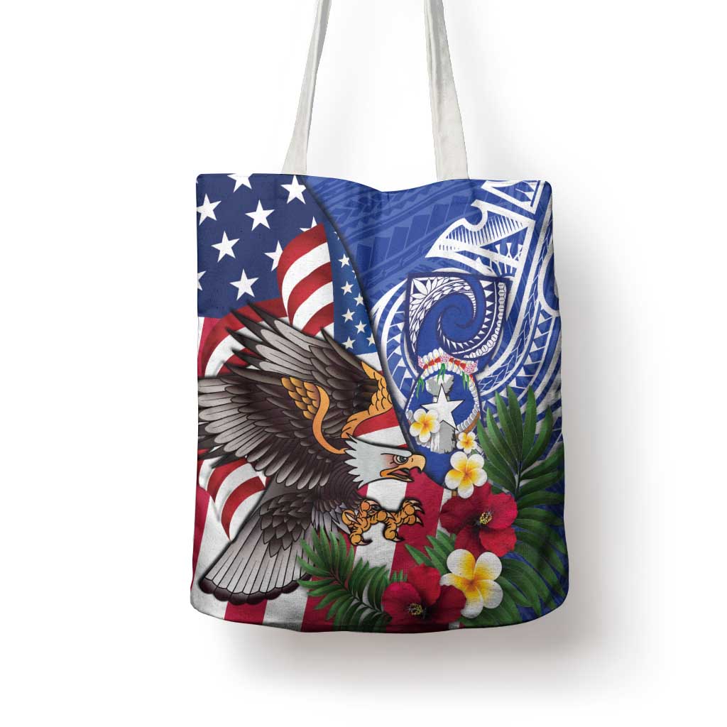 United States and Northern Mariana Islands Tote Bag USA Flag Eagle CNMI Latte Stone Tropical Flowers LT14 - Polynesian Pride