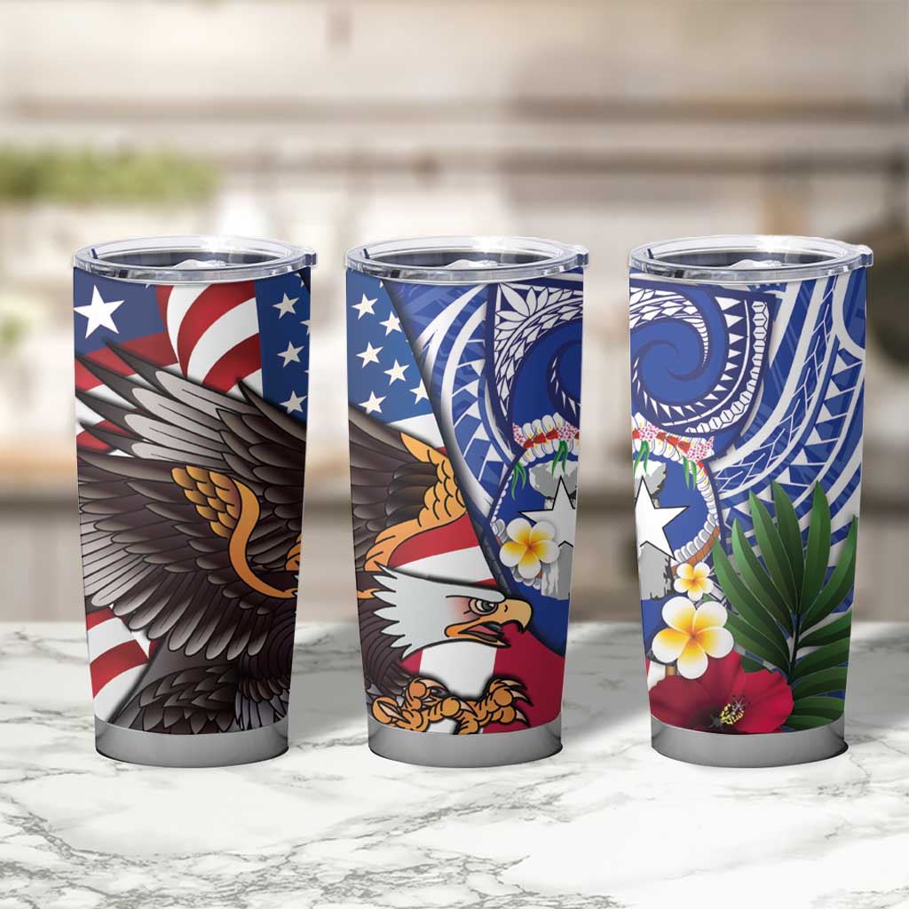 United States and Northern Mariana Islands Tumbler Cup USA Flag Eagle CNMI Latte Stone Tropical Flowers LT14 - Polynesian Pride