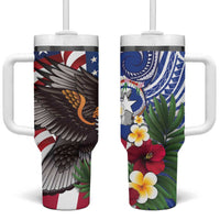 United States and Northern Mariana Islands Tumbler With Handle USA Flag Eagle CNMI Latte Stone Tropical Flowers LT14 One Size: 40 oz Blue - Polynesian Pride