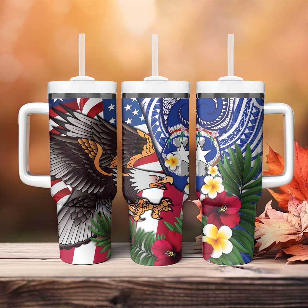 United States and Northern Mariana Islands Tumbler With Handle USA Flag Eagle CNMI Latte Stone Tropical Flowers LT14 - Polynesian Pride