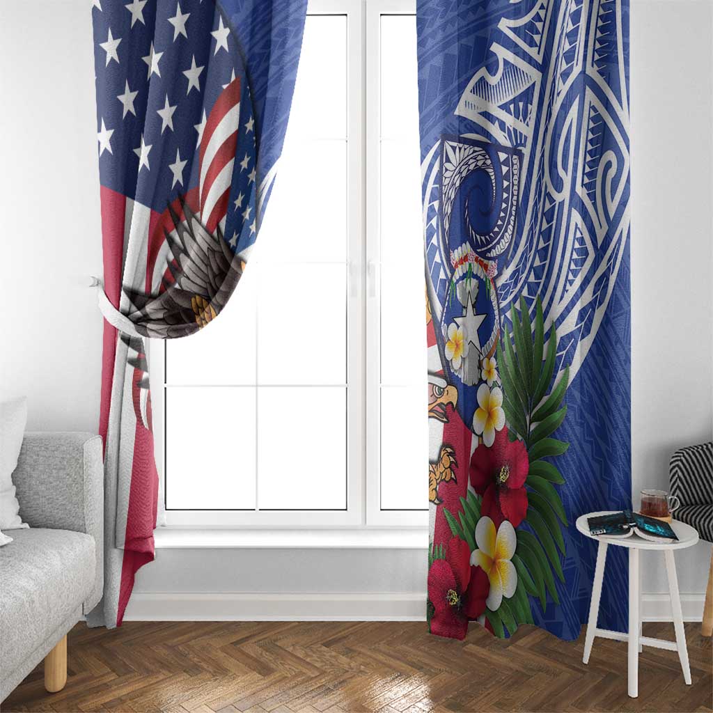 United States and Northern Mariana Islands Window Curtain USA Flag Eagle CNMI Latte Stone Tropical Flowers LT14 - Polynesian Pride