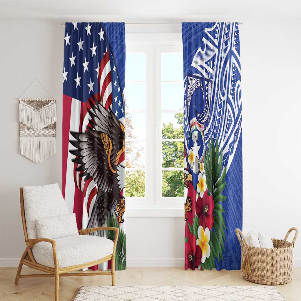 United States and Northern Mariana Islands Window Curtain USA Flag Eagle CNMI Latte Stone Tropical Flowers LT14 - Polynesian Pride