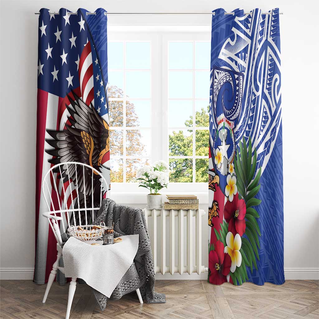 United States and Northern Mariana Islands Window Curtain USA Flag Eagle CNMI Latte Stone Tropical Flowers LT14 - Polynesian Pride