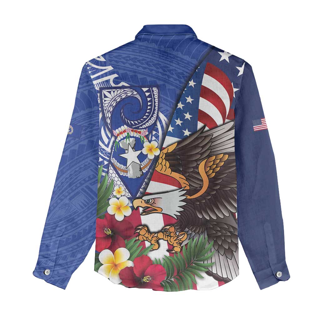 United States and Northern Mariana Islands Women Casual Shirt USA Flag Eagle CNMI Latte Stone Tropical Flowers LT14 - Polynesian Pride