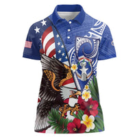 United States and Northern Mariana Islands Women Polo Shirt USA Flag Eagle CNMI Latte Stone Tropical Flowers LT14 Female Blue - Polynesian Pride