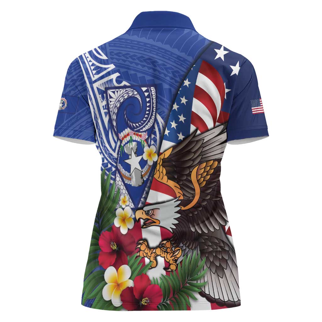 United States and Northern Mariana Islands Women Polo Shirt USA Flag Eagle CNMI Latte Stone Tropical Flowers LT14 - Polynesian Pride