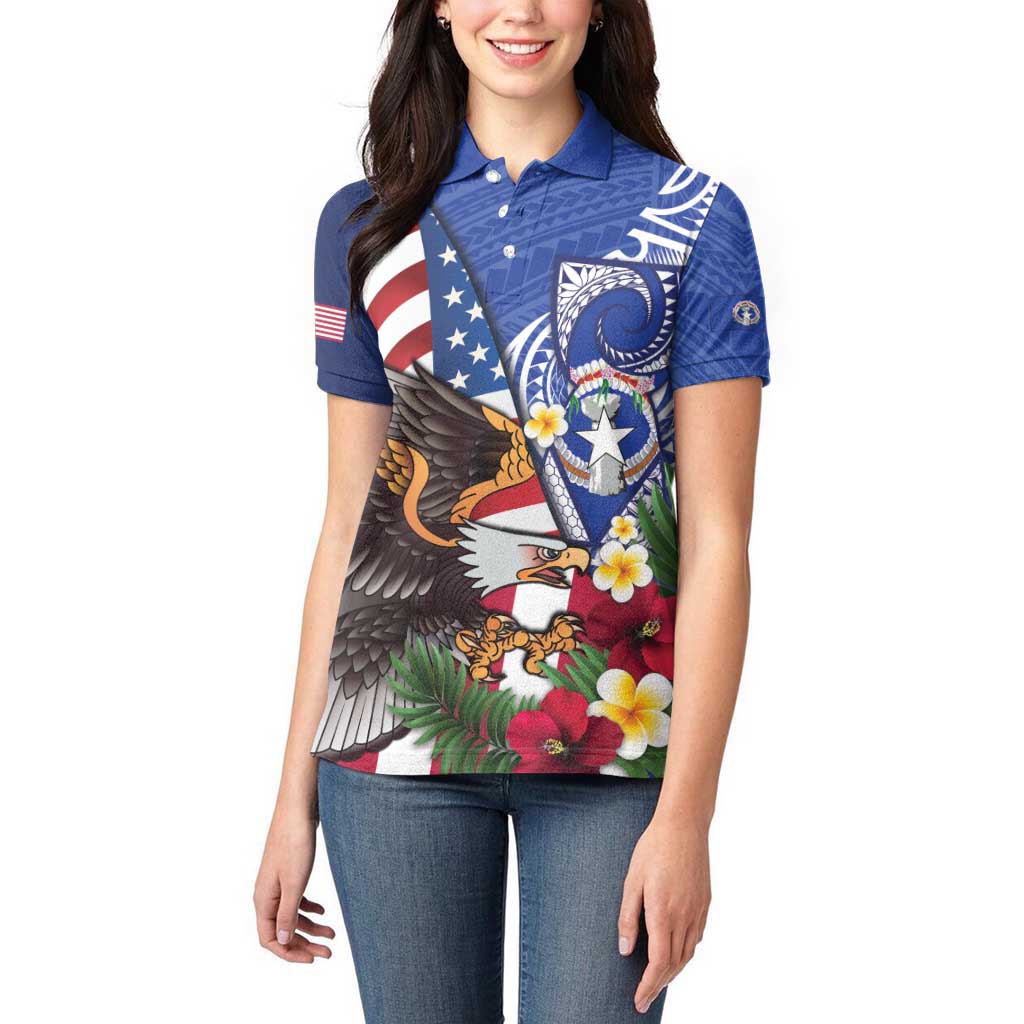 United States and Northern Mariana Islands Women Polo Shirt USA Flag Eagle CNMI Latte Stone Tropical Flowers LT14 - Polynesian Pride