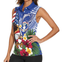 United States and Northern Mariana Islands Women Sleeveless Polo Shirt USA Flag Eagle CNMI Latte Stone Tropical Flowers LT14 - Polynesian Pride