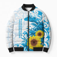 New Zealand Autism Awareness Month Bomber Puffer Jacket Takiwatanga Maori Lizard With Sunflower LT14 Unisex Blue - Polynesian Pride