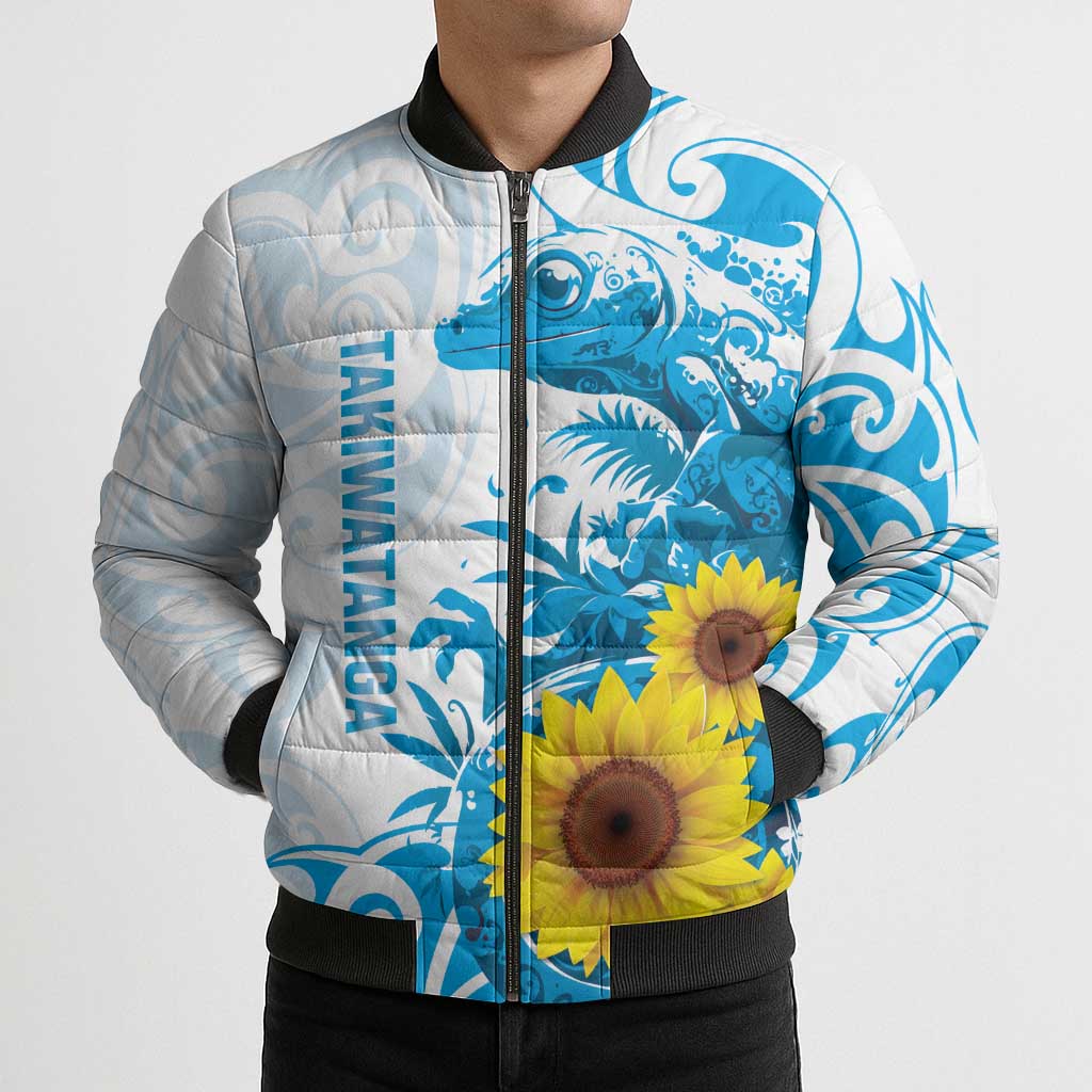 New Zealand Autism Awareness Month Bomber Puffer Jacket Takiwatanga Maori Lizard With Sunflower LT14 - Polynesian Pride