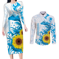 New Zealand Autism Awareness Month Couples Matching Long Sleeve Bodycon Dress and Long Sleeve Button Shirt Takiwatanga Maori Lizard With Sunflower